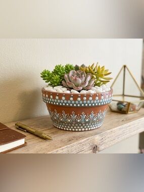 Hand Painted Wide Planter – Terracotta Succulent Pot . Unique Artisan Gift